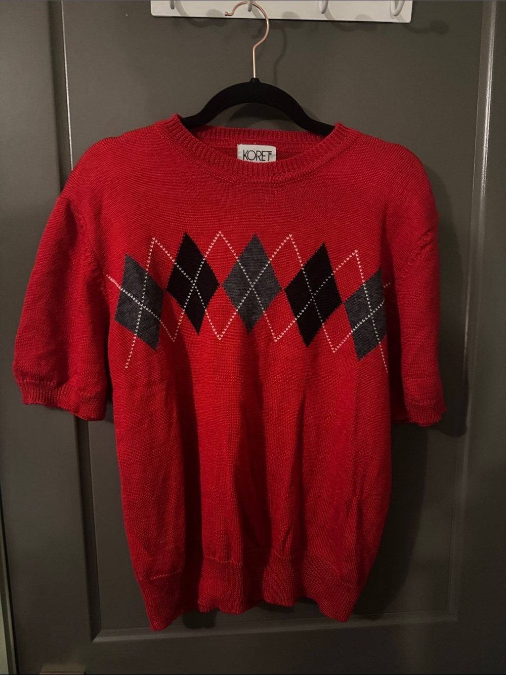 Koret Ladies Red Argyle Short-Sleeve Crewneck Sweater, large - made in Hong Kong